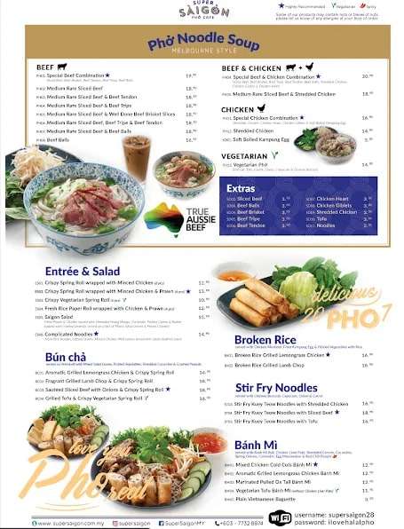 Menu super saigon pho cafe